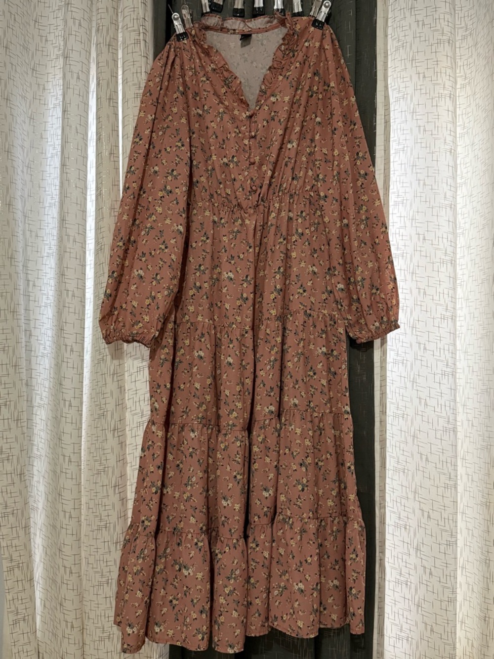 Floral Tiered Button-Up Full Sleeve Flowy Midi Dress in Dusty Rose